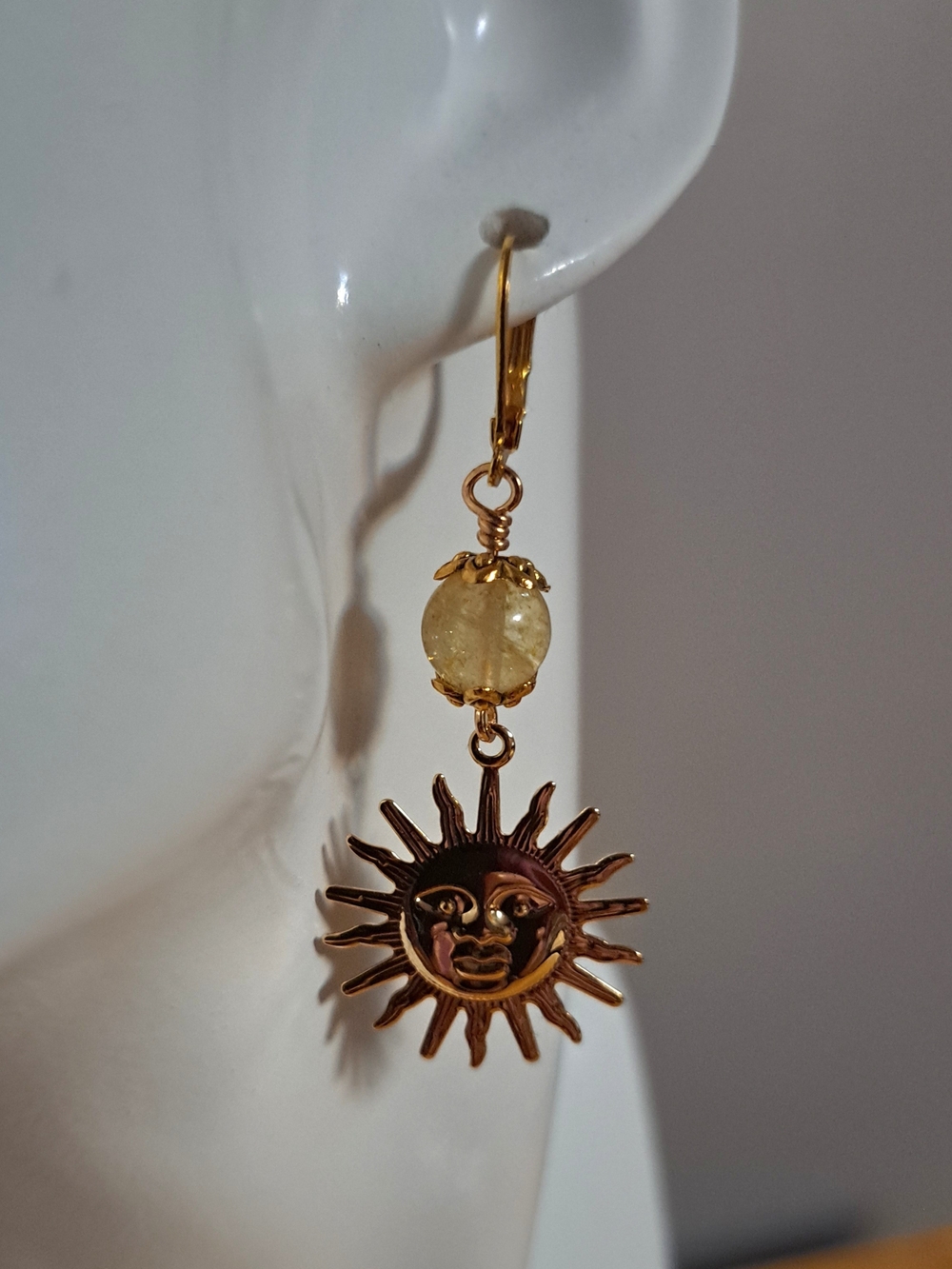 Gleaming 18K Gold Celestial Sun Charm Leverback Drop Earrings with Citrine Beads